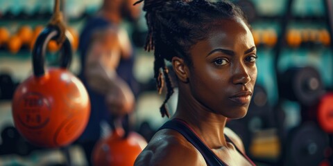 Couple exercising with a kettlebell, focusing on fitness, health, and wellness through gym workouts, stretching, and training in athletic clothing