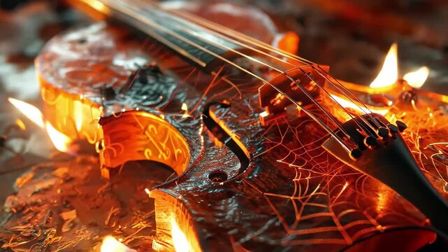 A violin with a spider web design on it is sitting on a table. The spider web design gives the violin a creepy and eerie appearance