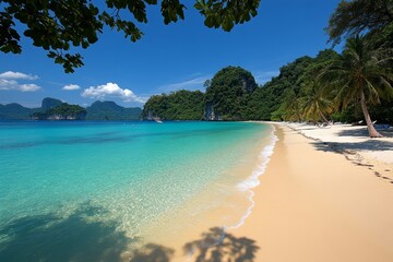 Banner of a serene beach scene with soft lighting and vibrant colors, ideal for travel promotions