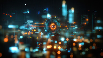 Futuristic digital interface with glowing data visualizations and graphs, showcasing advanced technology and analytics in vibrant, high tech environment