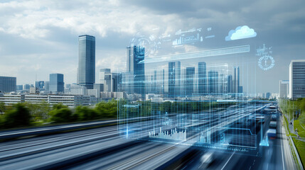 Obraz premium City skyline with digital overlay representing renewable energy and smart technology, showcasing modern urban environment powered by innovation and sustainability