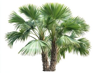 A lush, green palm tree with multiple trunks stands tall against a white background.