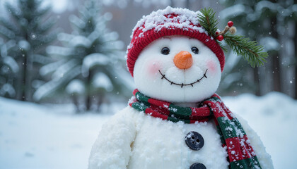 Happy snowman wearing a red hat and scarf, smiling in a snowy landscape with pine trees