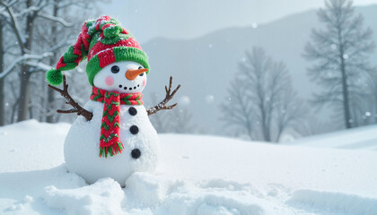 Fototapeta premium Cheerful snowman standing in pristine winter landscape with majestic mountains and evergreen forest backdrop with copy space
