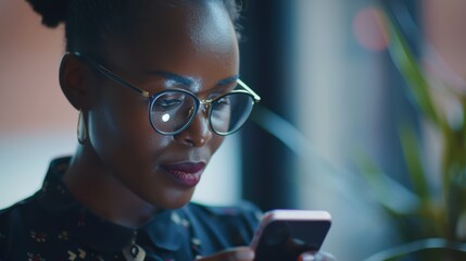 Business owner using a phone for social media networking in an office setting, engaged in online communication or e-commerce as a content creator
