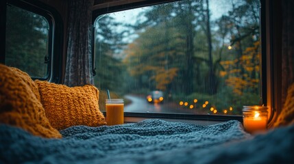 A tranquil interior of a van is filled with yellow blankets and drinks, offering a warm view of a rainy road lined with colorful autumn trees. Soft lighting adds to the cozy atmosphere.