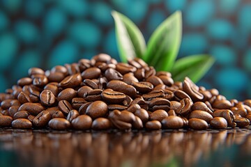 Obraz premium Digital 3D coffee beans scattered on a glossy surface, with dynamic lighting for depth and texture
