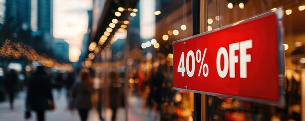 A vibrant sale sign displays "40% OFF" in a bustling shopping area, attracting customers with festive lights and blurred figures in the background.