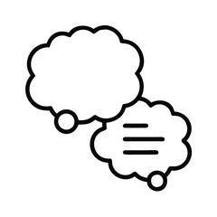 Simple Thought Bubbles Outline Icon, Black line art of two thought bubbles, one blank and one with text lines, symbolizing ideas, thinking, and inner dialogue.
