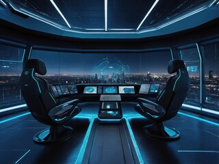 A futuristic digital command center showcasing advanced technology, with interactive screens and real-time data, revolutionizing control and decision-making processes