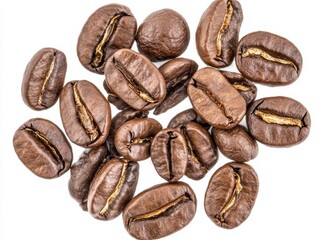 Obraz premium Close-up of roasted coffee beans, showcasing their rich brown color and intricate details.
