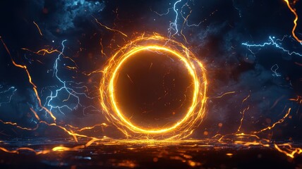 Explore the stunning visual dynamics of a fiery electric circle surrounded by dramatic lightning effects