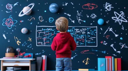 boy is standing in front of blackboard filled with colorful drawings of planets, stars, and scientific equations, showcasing vibrant learning environment