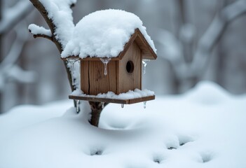 Fototapeta premium A wooden birdhouse covered in snow sits on a branch with icicles during winter in a serene, snowy landscape