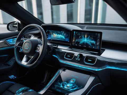 Futuristic Autonomous Car Dashboard – Macro Shot of High-Tech Interface