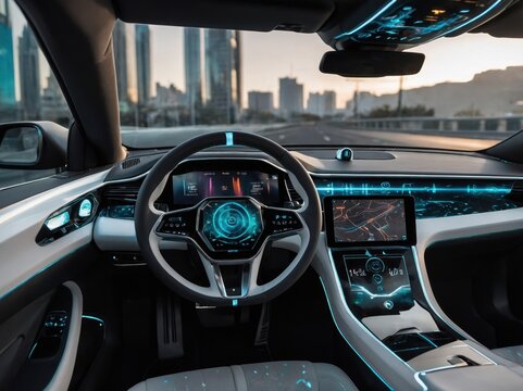 Futuristic Autonomous Car Dashboard – Macro Shot of High-Tech Interface