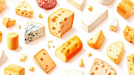 A Colorful Arrangement of Various Cheeses on a White Background