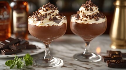 Two glasses of chocolate mousse dessert with whipped cream and chocolate shavings.
