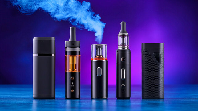 variety of vape devices lined up, showcasing different styles and colors, with vapor rising from one device, creating dynamic and modern atmosphere