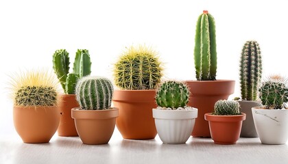 Fototapeta premium A small, potted cactus plant with sharp thorns, isolated on a white background