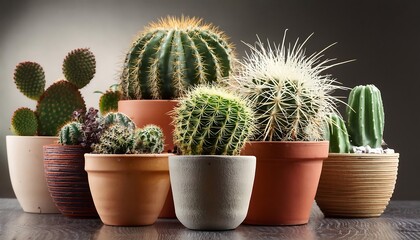 A small, potted cactus plant with sharp thorns, isolated on a white background