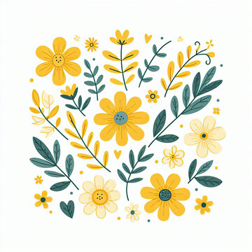 A cute floral pattern with cream, blue, yellow  and purple flowers and dark stems and leaves on a white background.
