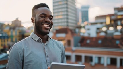 Obraz premium Joyful man, architect with tablet, collaborating with a team on a rooftop. Male engineer using technology in leadership for project or architectural planning
