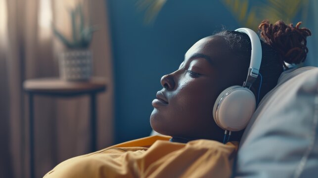 Woman wearing headphones relaxing on a couch, enjoying music or a podcast for mindfulness and tranquility in a cozy setting