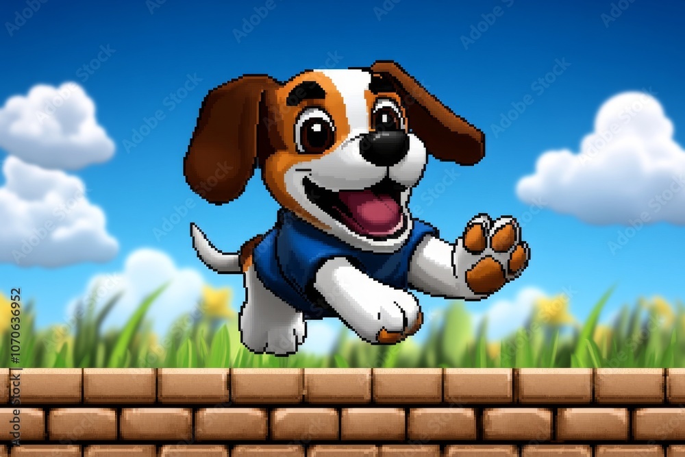 Poster pixel art of a playful dog in 8-bit style, with simple shapes and retro colors capturing a nostalgic