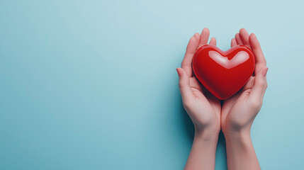 Fototapeta premium pair of hands gently cradles minimalist red heart against soft blue background, symbolizing love and care. This evokes warmth and affection