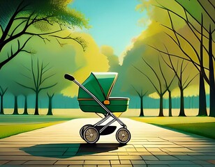 Green stroller in a park, gender neutral illustration for pregnancy or birth announcement