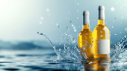 Golden wine bottles splash in water, creating dynamic ripples and reflections. scene captures refreshing and lively atmosphere, perfect for beverage promotions