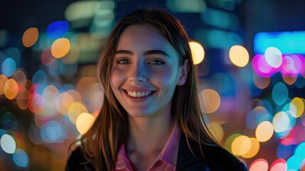 Smiling woman enjoying an evening with illuminated surroundings