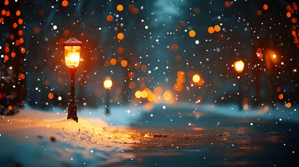 Obraz premium Beautiful blurred street of festive night or evening city with snowfall and Christmas lights. Abstract background Christmas lights in winter landscape with snow, lights bokeh background.