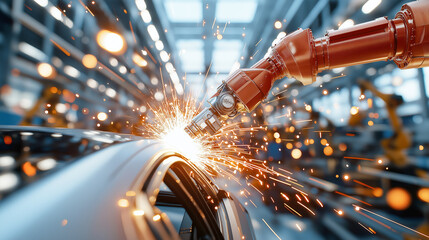 Robotic arms working on production line, creating sparks in factory setting. scene captures precision and energy of automated manufacturing