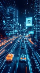 A futuristic cityscape with cars and holographic digital billboards, showcasing the integration of advanced technology in urban life