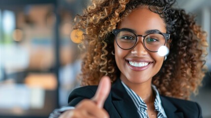 Happy woman with glasses giving a thumbs up in an eyewear shop, promoting eye care and wellness