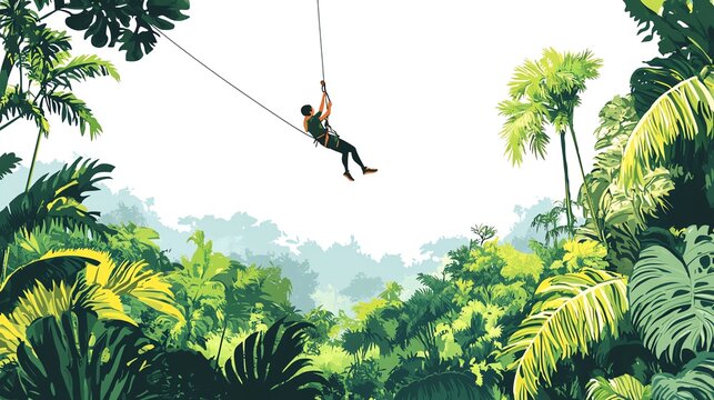a 2D cartoon illustration of a person zip-lining through the jungle, exciting and adventurous, white background--ar 16:9