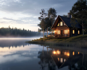 Fototapeta premium A serene lakeside cabin at sunrise