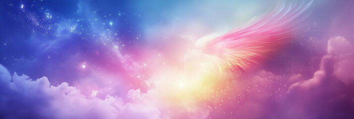 A radiant angelic wing emerges from soft clouds in a dreamlike sky of pinks and purples, symbolizing transcendence, hope, and a gentle connection to the divine.