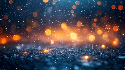 Beautiful blurred street of festive night or evening city with snowfall and Christmas lights. Abstract background Christmas lights in winter landscape with snow, lights bokeh background.