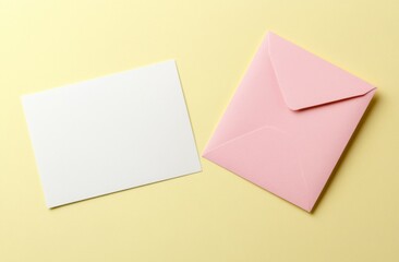 Blank White Card and Pink Envelope on Light Yellow Background, Flat Lay Composition with Copy Space