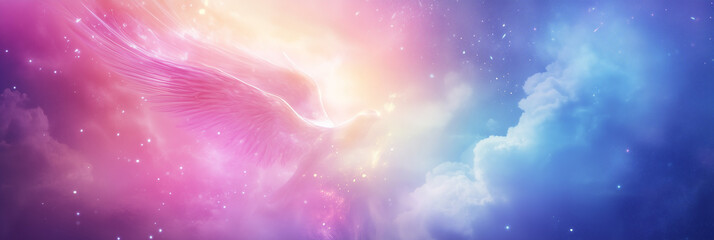 A radiant angelic wing emerges from soft clouds in a dreamlike sky of pinks and purples, symbolizing transcendence, hope, and a gentle connection to the divine.