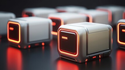 A collection of futuristic, illuminated devices arranged in a sleek, modern setting.