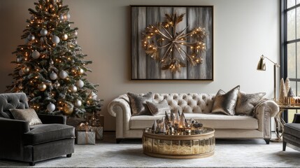 Obraz premium Christmas Decor with a Gold and Silver Theme in a Living Room