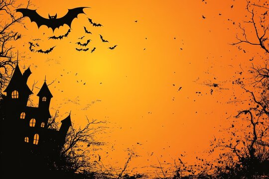 Spooky Halloween vector with bats, pumpkins, and a haunted house silhouette, blank orange background, perfect for autumn event banners.