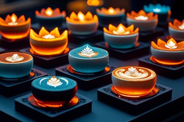 Warm-toned photo of a latte art competition, with close-up shots of each cup's intricate foam designs