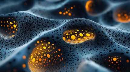 Black Filigree Fractal Biogen Nanostructures with Yellow Glowing Holes. Generative AI