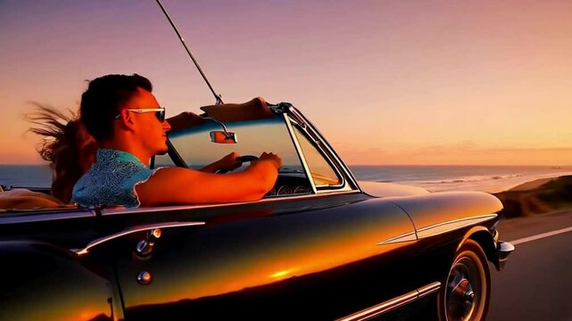 Couple Driving in a Classic Convertible at Sunset