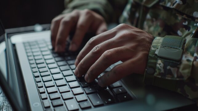 Military operations center, individual using computer for cyber analysis and intelligence. Focus on security, communication, and personnel working at an army command facility